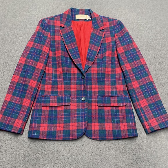 Pendleton Jackets & Blazers - Vintage Pendleton Blazer Womens Medium Red Green Plaid Wool Jacket Made USA 80s